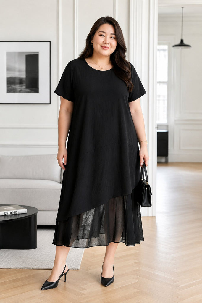 Plus Size Black Cotton Linen Mesh Hem Midi Dress (EXTRA BIG SIZE)