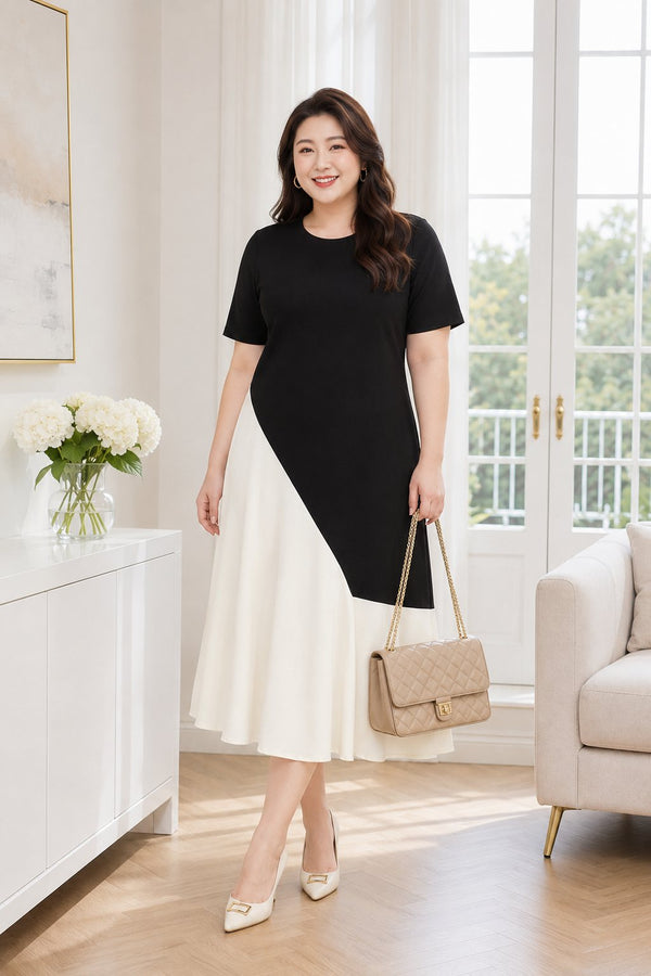 Plus size black and cream asymmetric colour block midi dress front view