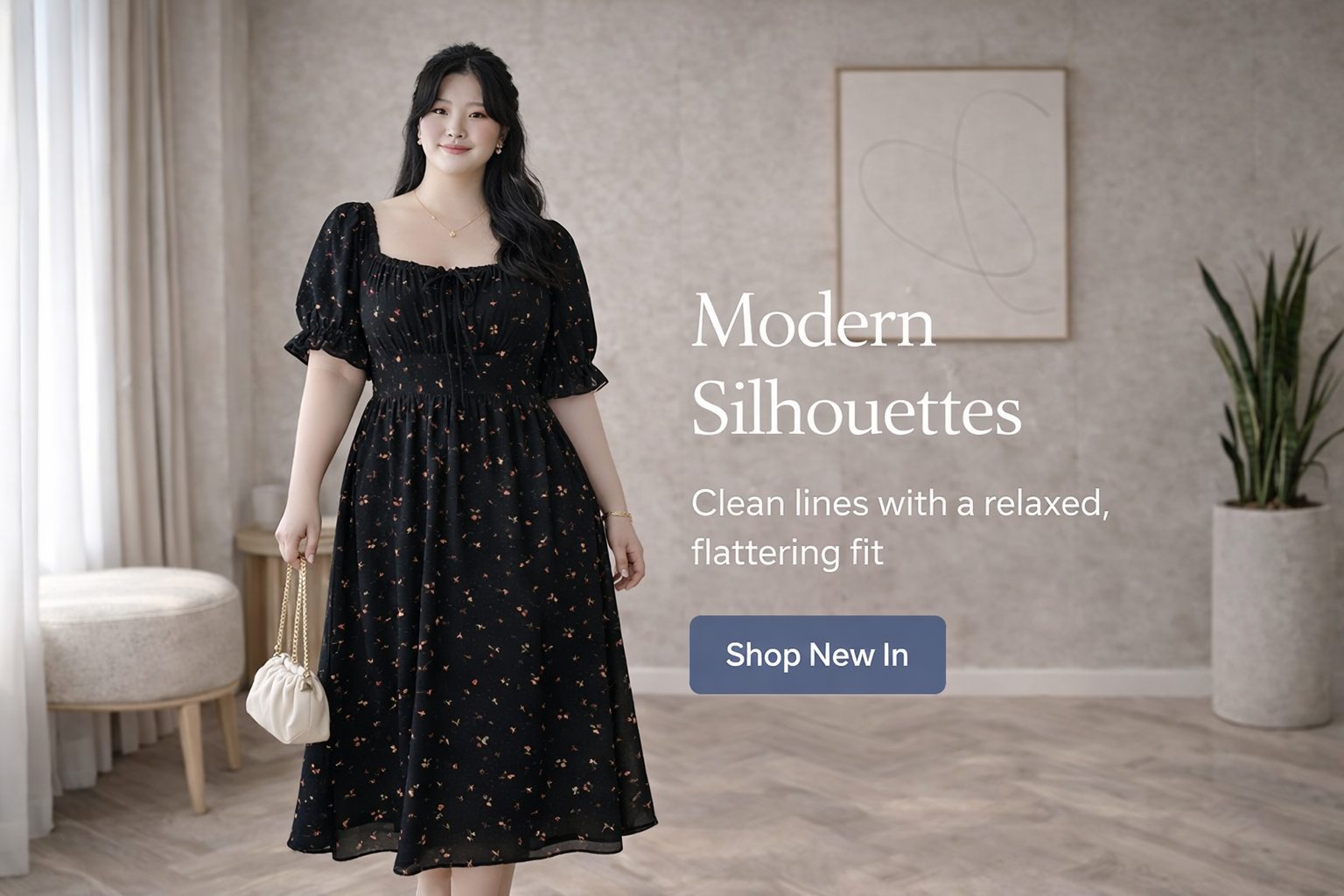 plus size black ditsy floral midi dress square neck front view