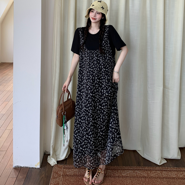 Plus Size Black Ditsy Floral Pinafore T Shirt Dress