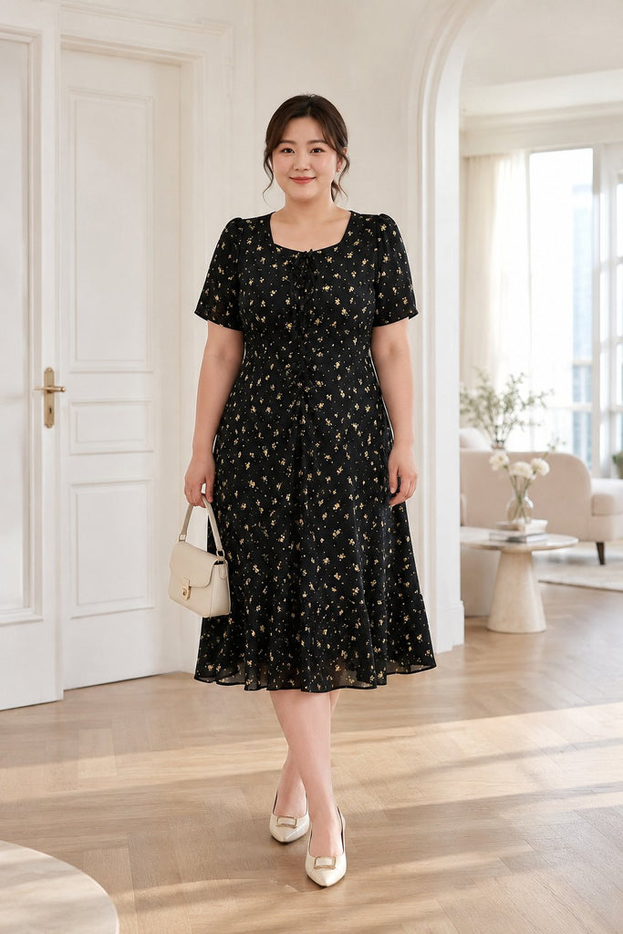 Plus size black ditsy floral square neck midi dress front view on model