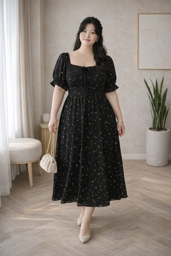 plus size black ditsy floral midi dress square neckline front view