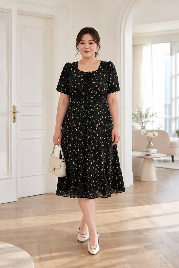 Plus size black ditsy floral square neck midi dress front view on model