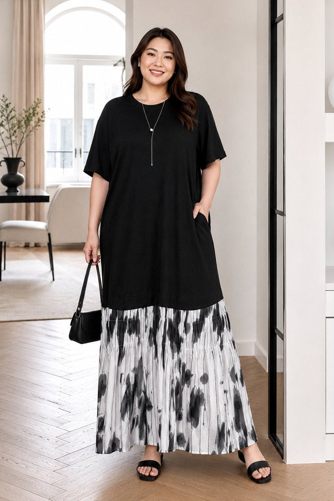 Plus size black drop waist tie dye T-shirt maxi dress with side pockets front view