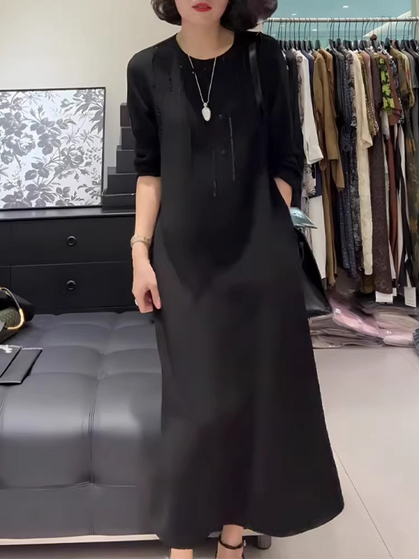 Plus Size Black Embellished 3/4 Sleeve Midi Dress