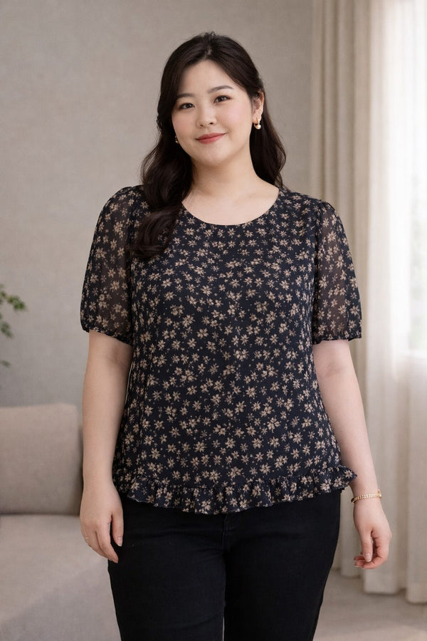 plus size black floral blouse casual outfit front view