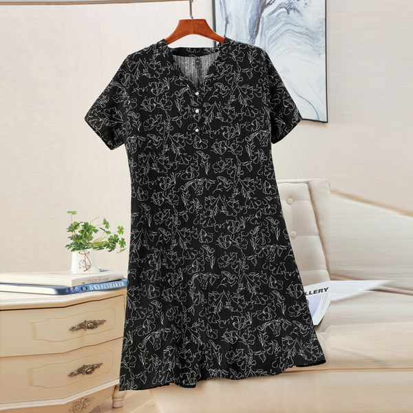 Plus Size Black Floral Sketch V Neck A Line Dress (EXTRA BIG SIZE)