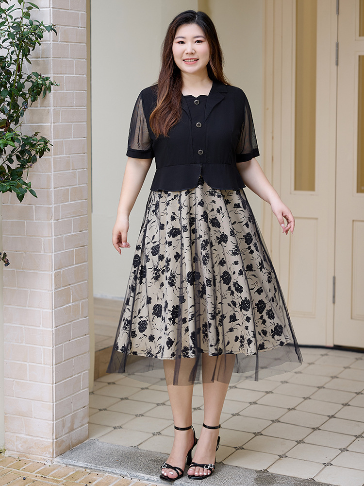 Plus Size Black Floral Tulle Peplum Dress