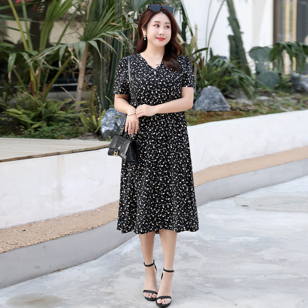 Plus Size Black Floral V Neck Chiffon Dress (EXTRA BIG SIZE)