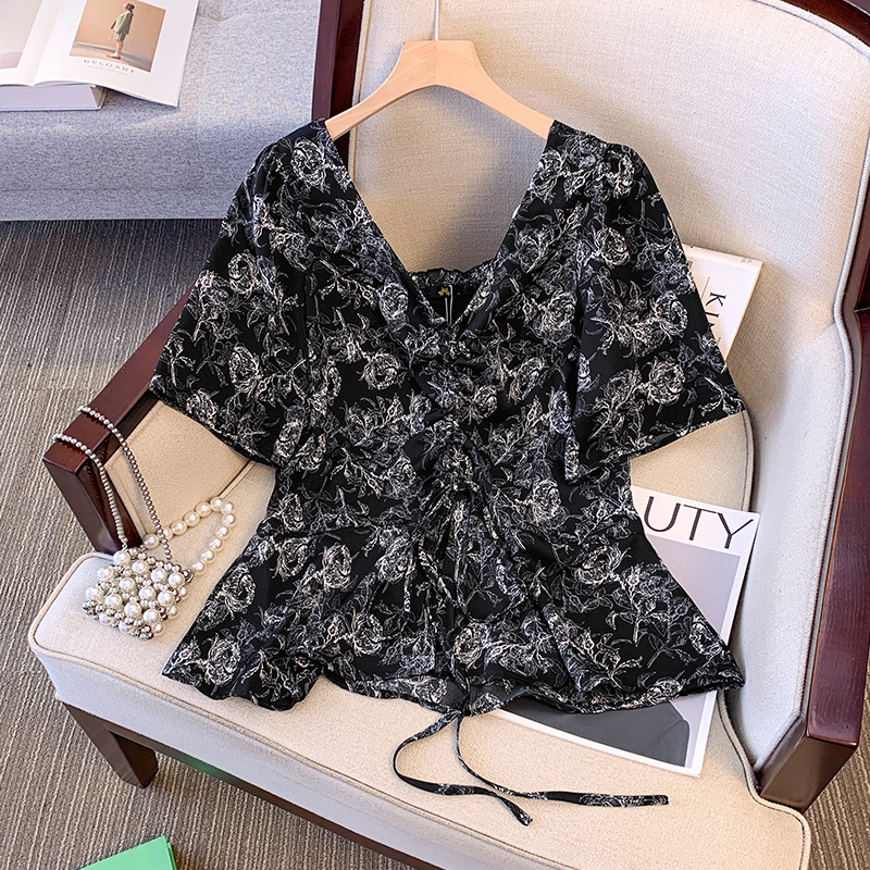 Plus Size Black Floral V Neck Peplum Blouse (EXTRA BIG SIZE)