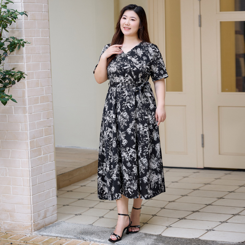Plus Size Black Floral Wrap A Line Dress