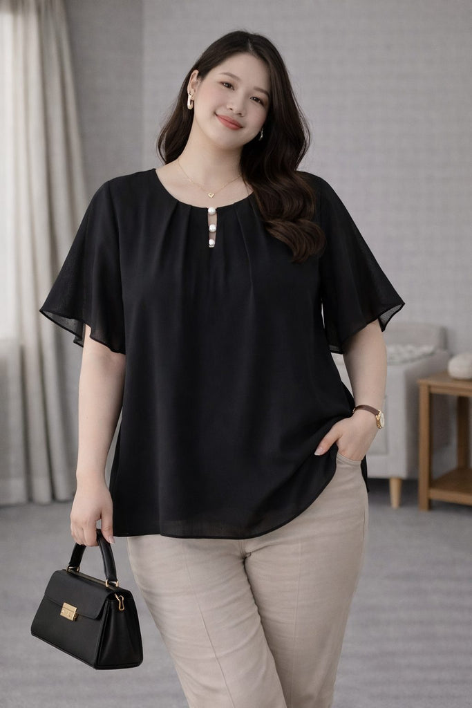plus size black flutter sleeve pearl blouse front view