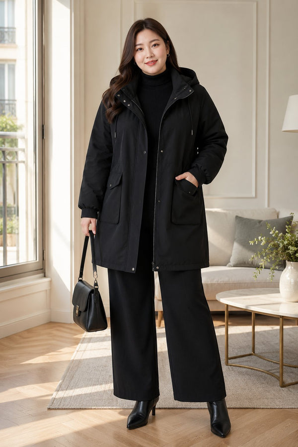 Plus size black hooded long winter jacket with pockets front view