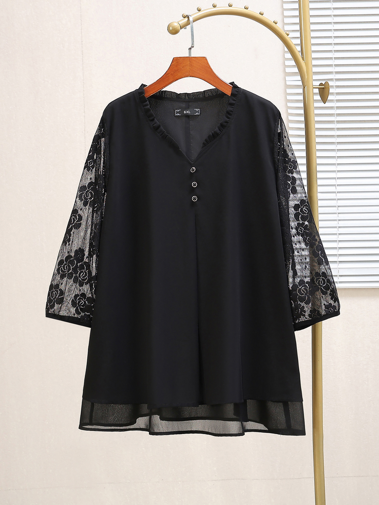 Plus Size Black Lace 3/4 Sleeve Blouse (Extra Big Size)