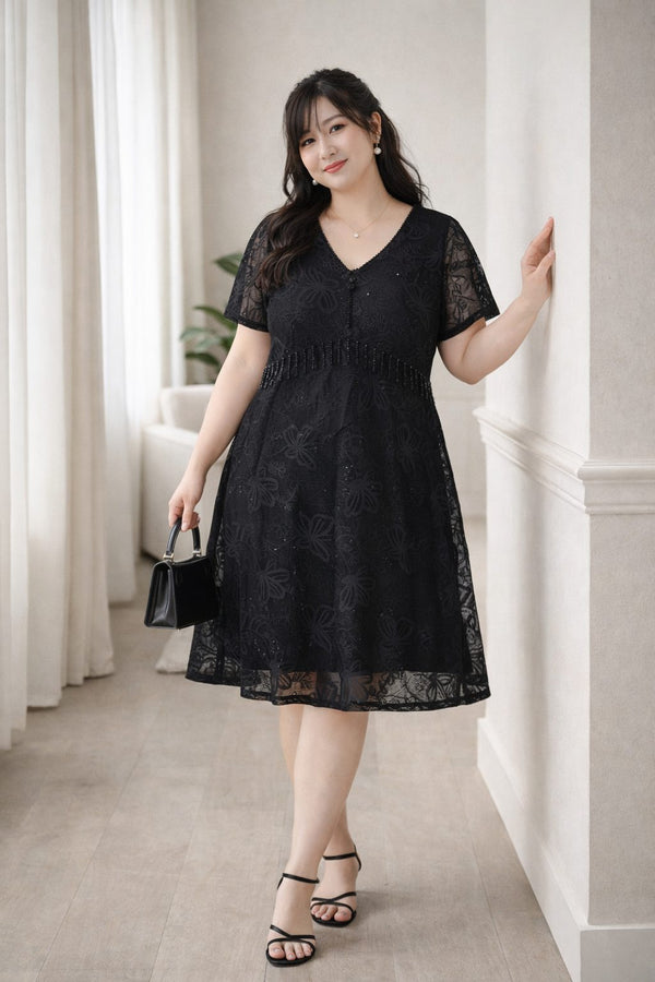 plus size black lace dress short sleeve a line silhouette