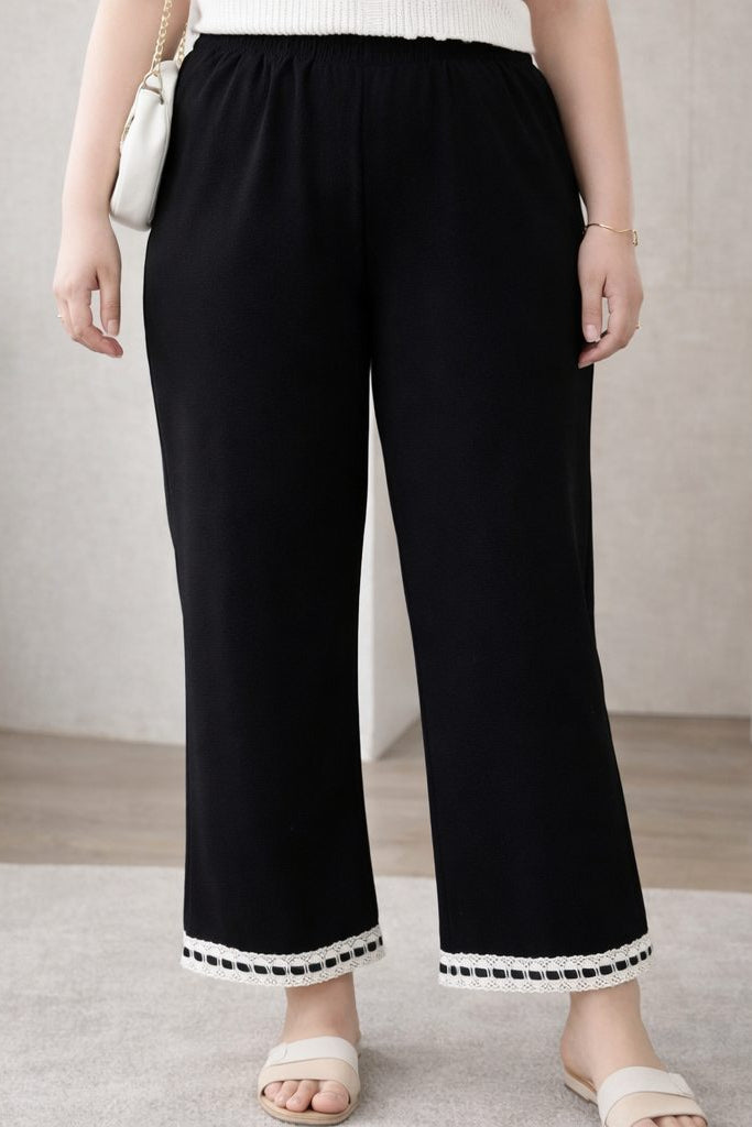 plus size black bell leg pants lace hem ankle length front view