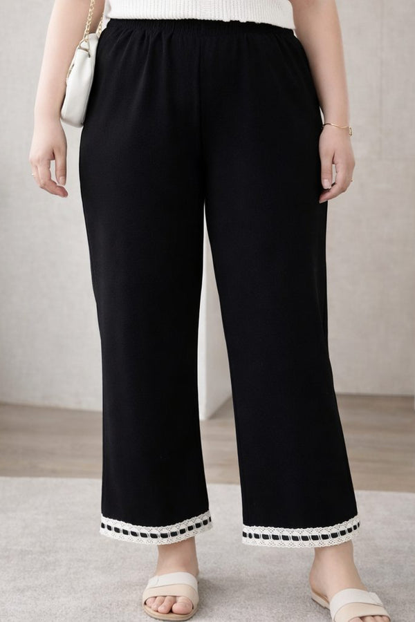 plus size black bell leg pants lace hem ankle length front view