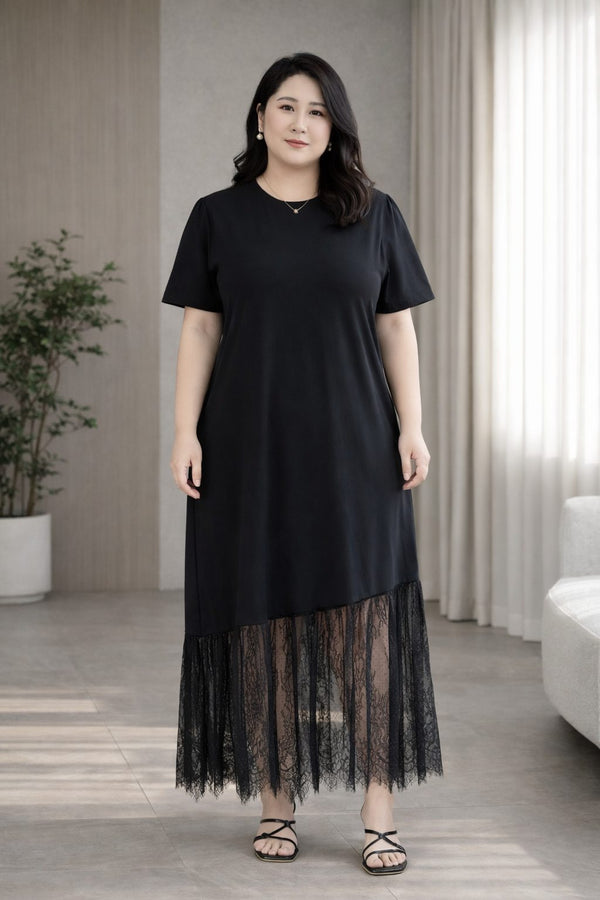 plus size black midi t shirt dress with eyelash lace hem front view