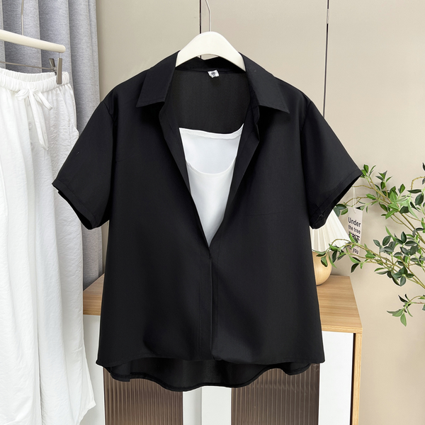 Plus Size Black Layer Vest Korean Loose Short Sleeve Shirt