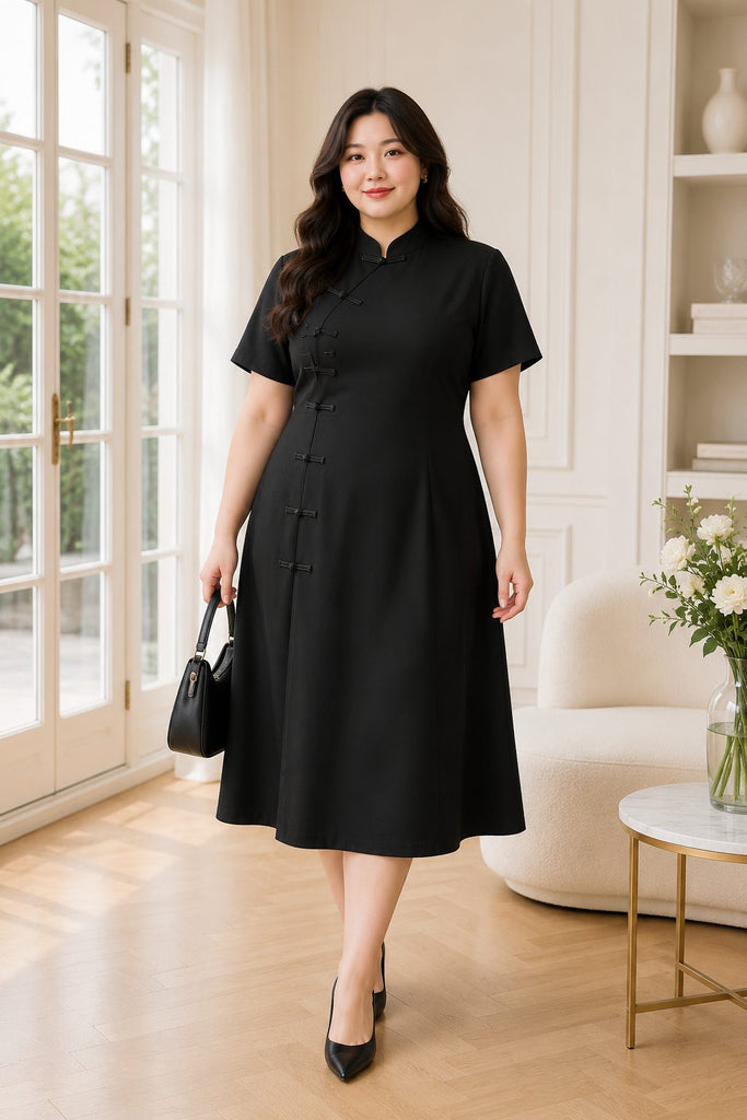 Plus size black modern short sleeve midi qipao dress front view