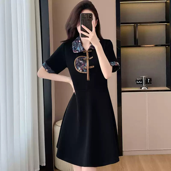 Plus Size Black Modern Short Sleeve Qipao Dress