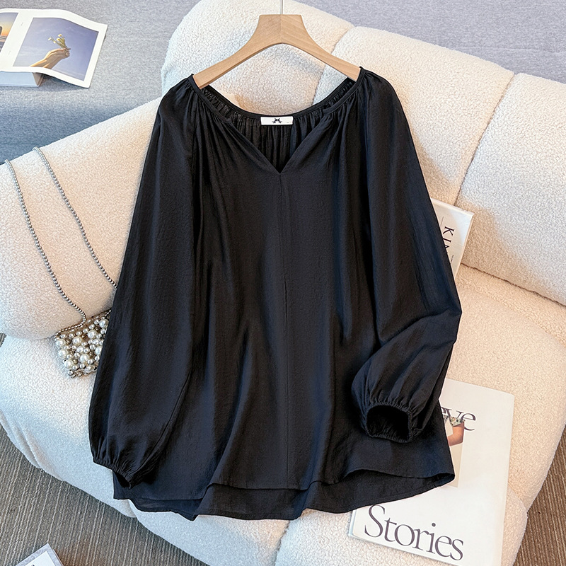 Plus Size Black Notch Neck Balloon Sleeve Blouse (Extra Big Size)