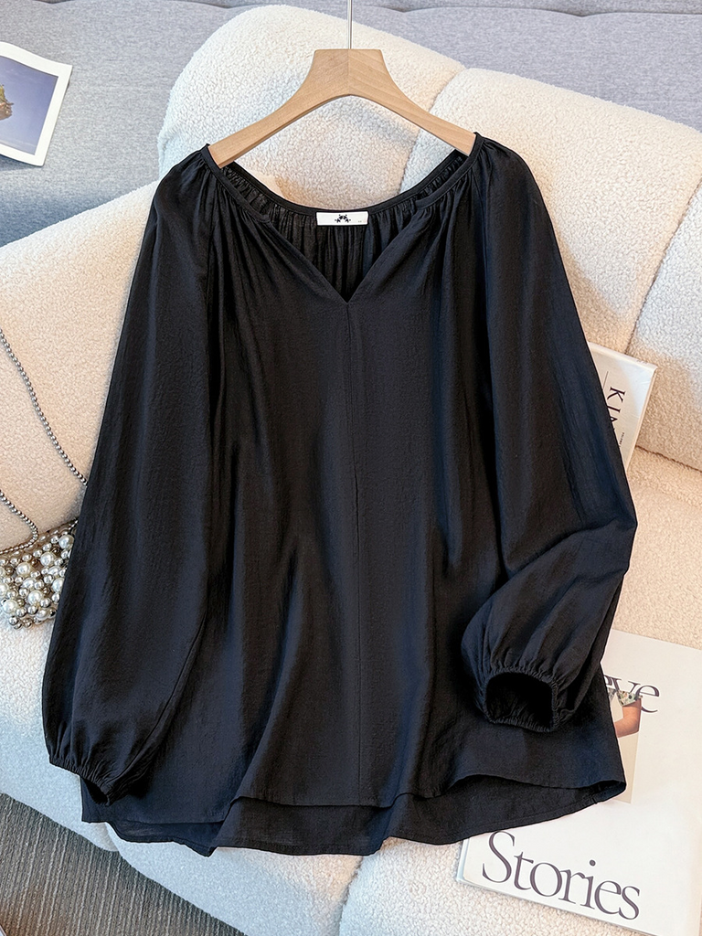 Plus Size Black Notch Neck Balloon Sleeve Blouse (Extra Big Size ...