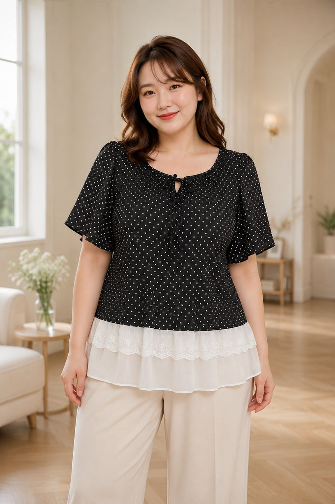 Plus size black polka dot blouse with contrast chiffon hem on model
