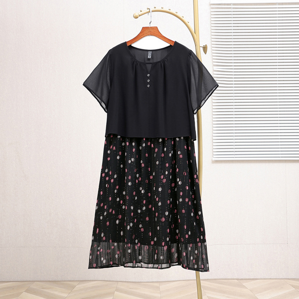 Plus Size Black Polka Dots Short Sleeve Chiffon Dress (EXTRA BIG SIZE)