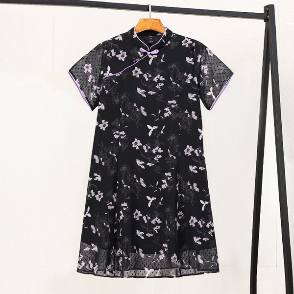 Plus Size Black Purple Floral Short Sleeve Qipao (Extra Big Size)
