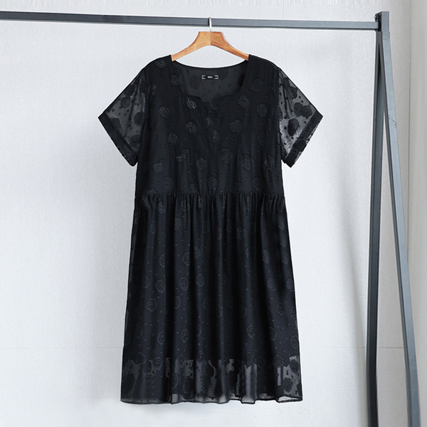 Plus Size Black Rose Square Neck A Line Dress (Extra Big Size)