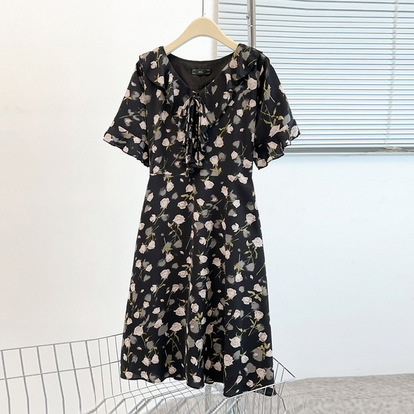 Plus Size Black Roses Chiffon Dress (EXTRA BIG SIZE)