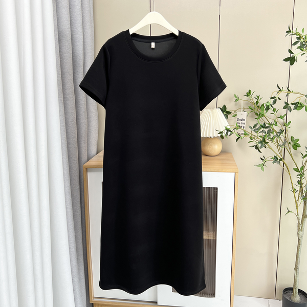 Plus Size Black Round Neck Midi Short Sleeve Dress