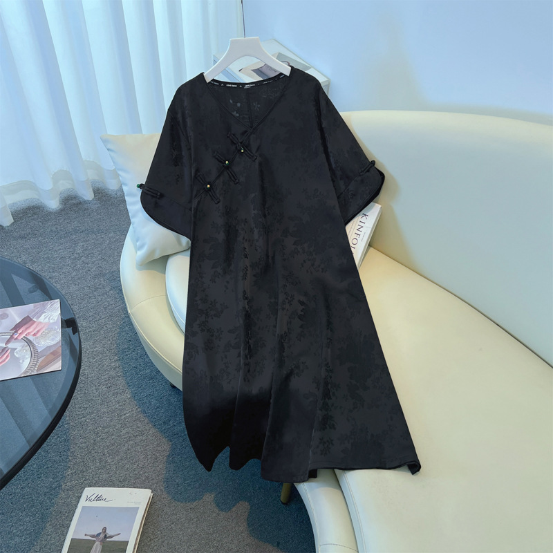 Plus Size Black Short Sleeve Modern Cheongsam Dress (EXTRA BIG SIZE)