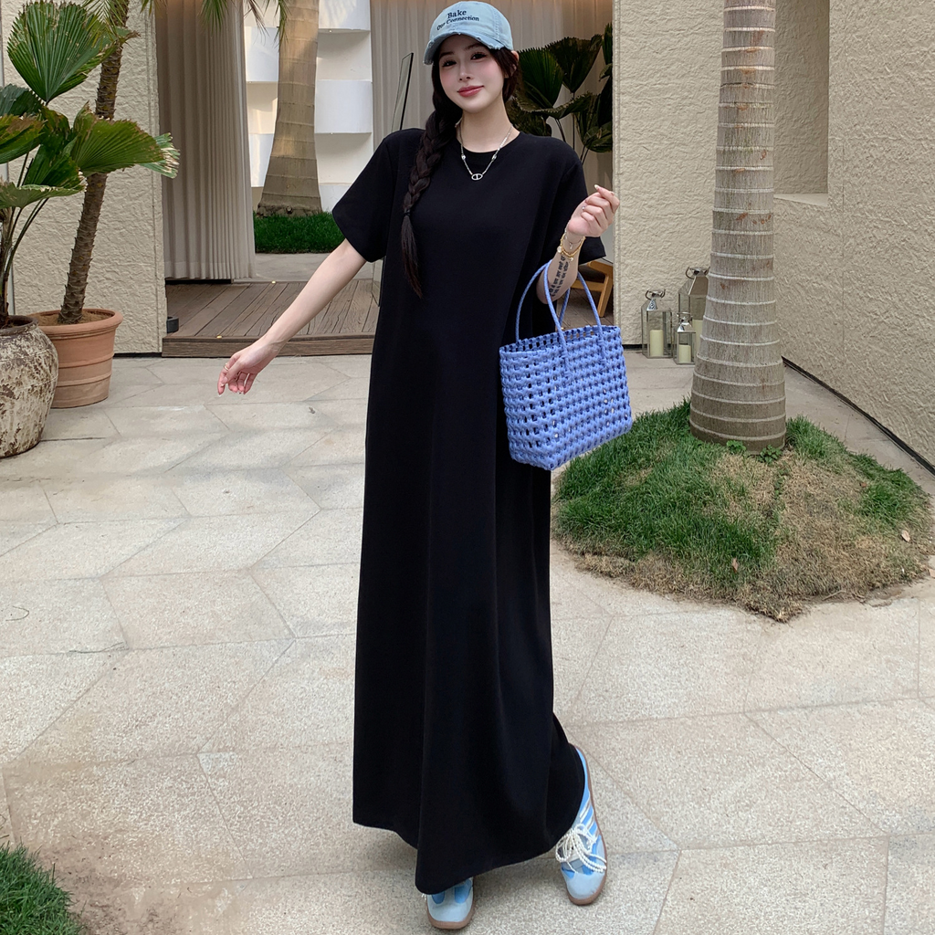 Plus Size Black Slit Maxi T Shirt Dress  Pluspreorder