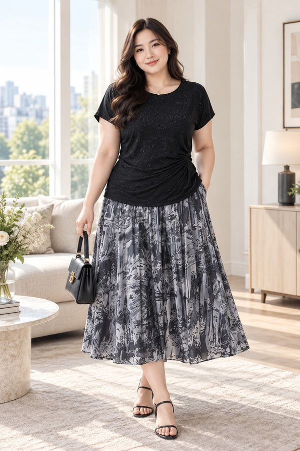 Plus size black sparkle short sleeve top with grey printed midi skirt