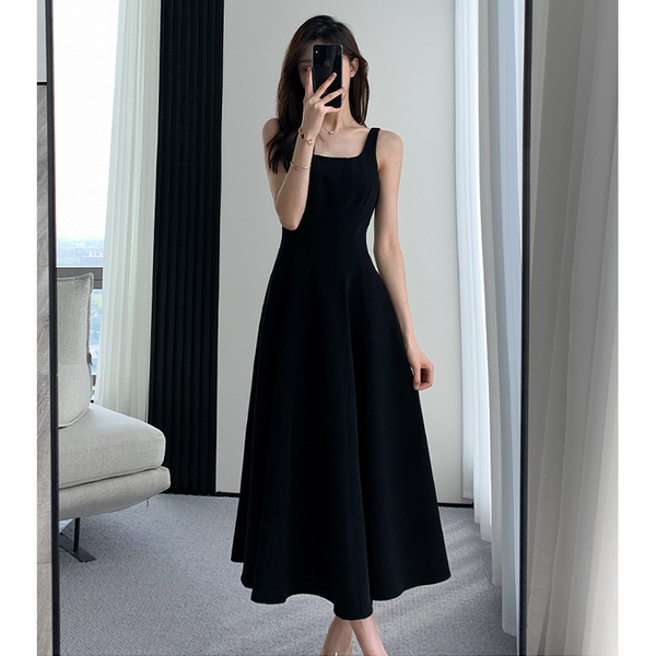 Plus Size Black Square Neck A Line Tank Midi Dress