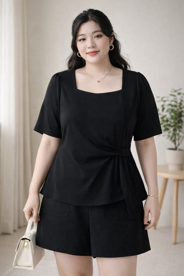 plus size black square neck peplum blouse short sleeve front view