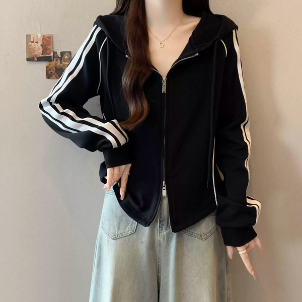 Plus Size Black Stripes Street Zip Up Hoody Jacket
