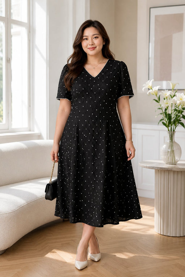 Plus size black textured floral midi dress with V-neck front view