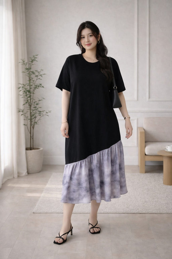 plus size black midi t shirt dress tie dye hem front view