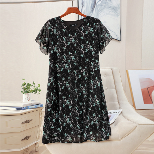 Plus Size Black Tie Dye V Neck Chiffon Dress (EXTRA BIG SIZE)