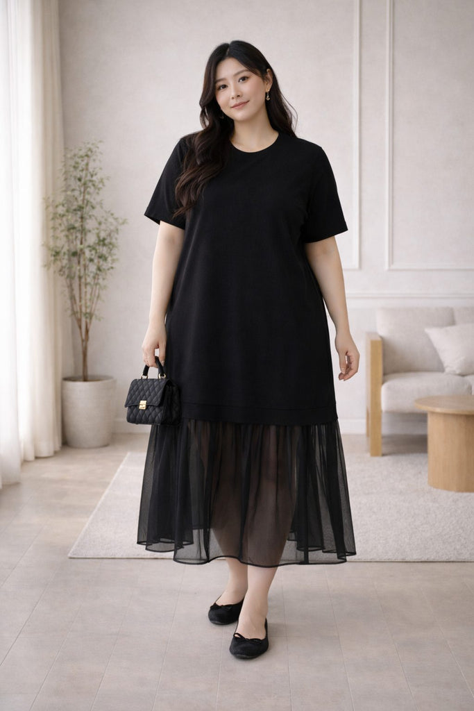 midi plus size t-shirt dress – Tulle Hem Layered Detail – Pluspreorder loop:clairestripedmaxidress Hidden side pockets flowy long sleeve black Style Code:WMN4021-01