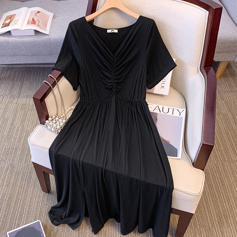 Plus Size Black V Neck A Line Midi Dress (EXTRA BIG SIZE)
