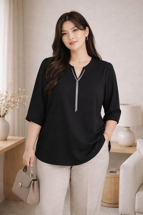 plus size black v neck blouse chain detail 3/4 sleeve front view