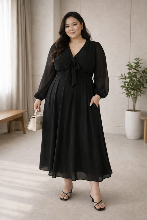 plus size black chiffon midi dress v neck a line front view