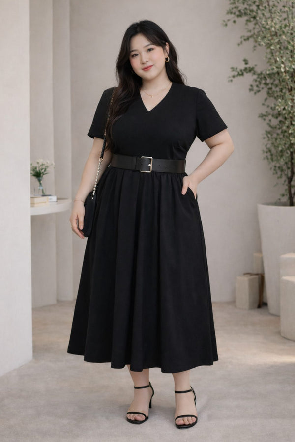 Plus Size Midi Dress Black V Neck Fit and Flare with Waist Belt