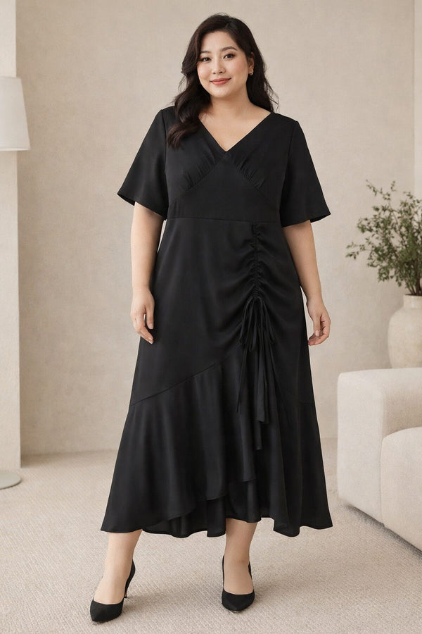 plus size black v neck gathered midi dress front view