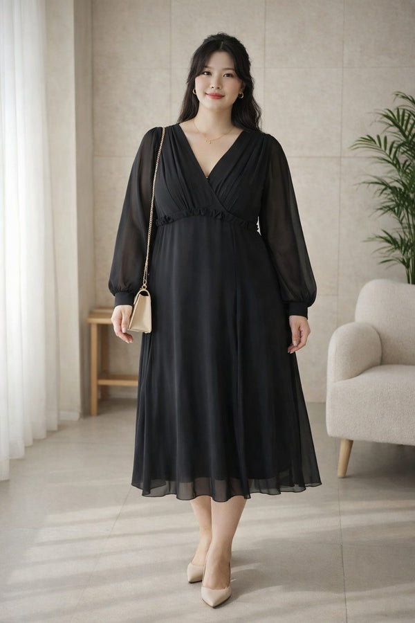plus size black long sleeve empire waist dress front