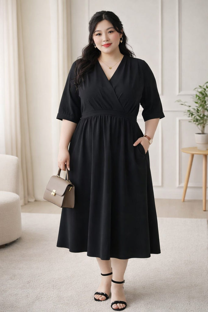 plus size black wrap v neck midi dress a line front view